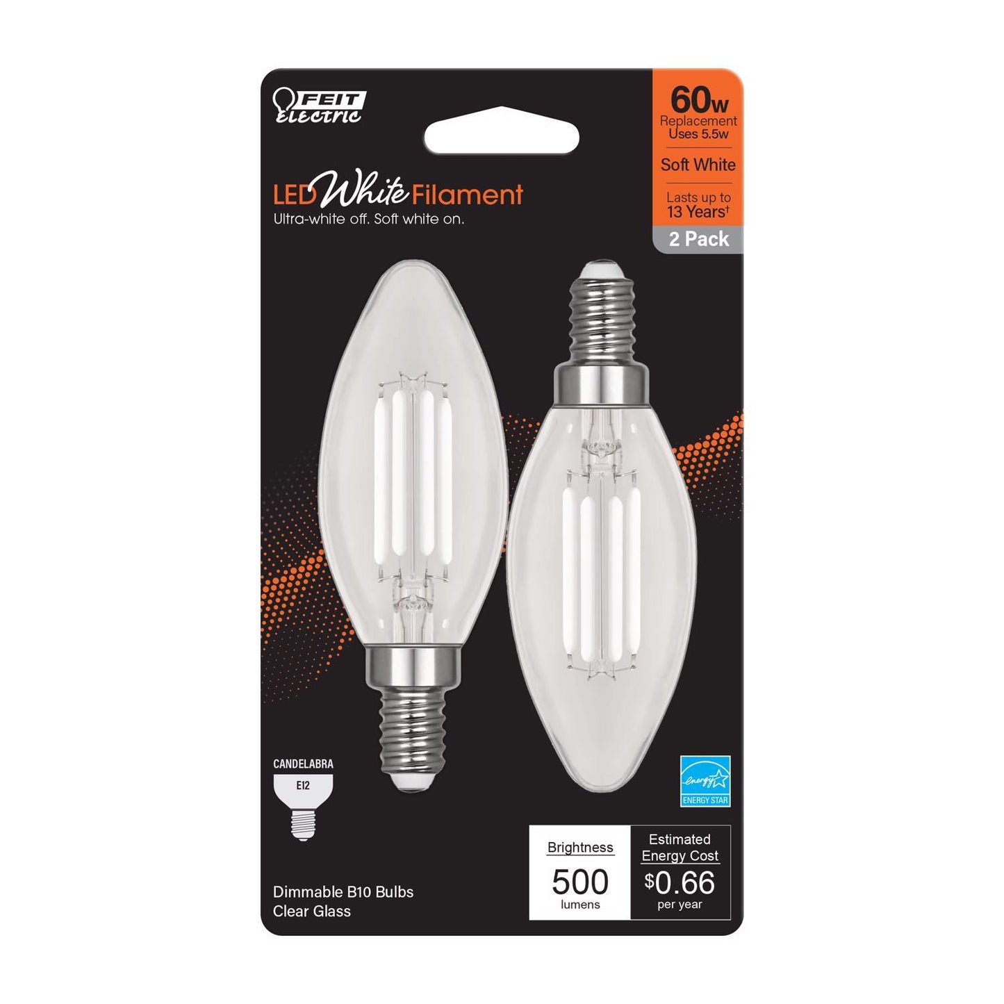 Feit White B10 E12 (Candelabra) Filament LED Bulb Soft White 60 Watt Equivalence 2 pk