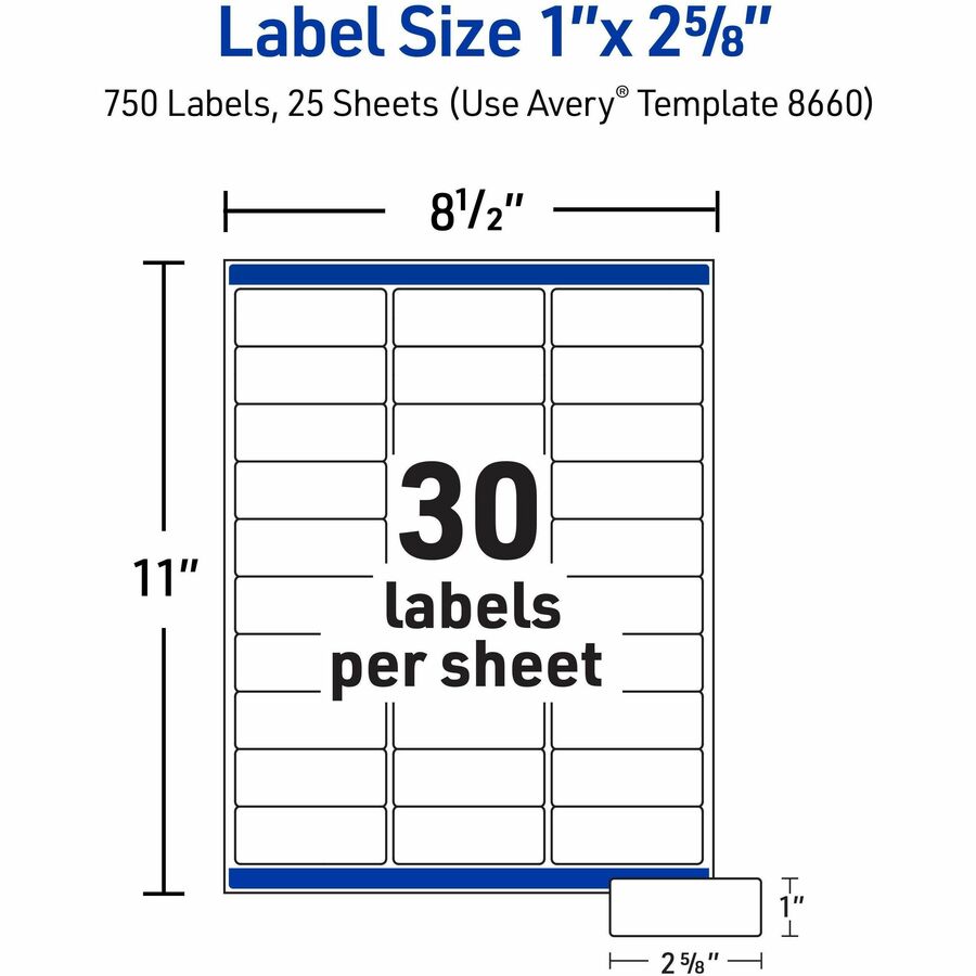 Avery® Easy Peel Inkjet Printer Mailing Labels - x 1" Width x 2 5/8" Length - Permanent Adhesive - Rectangle - Inkjet -
