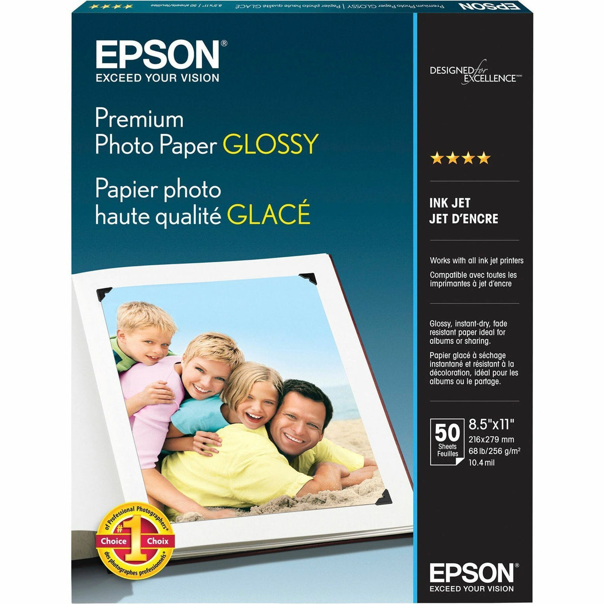 Epson Premium Photo Glossy InkJet Paper - 92 Brightness - 97% Opacity - Letter - 8 1/2" x 11" - 68 lb Basis Weight - Hig