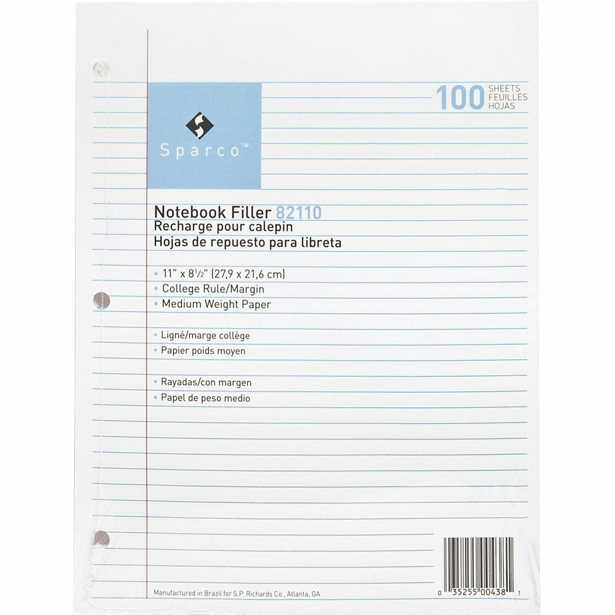 Sparco Notebook Filler Paper - Letter - 100 Sheets - Ruled Red Margin - 16 lb Basis Weight - Letter - 8 1/2" x 11" Sheet
