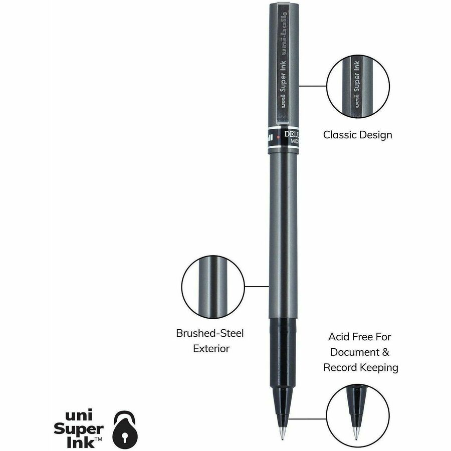 uniball™ Deluxe Rollerball Pens - 0.5 mm Pen Point - Black Ink - Silver Barrel - Stainless Steel Tip - 12 / Dozen