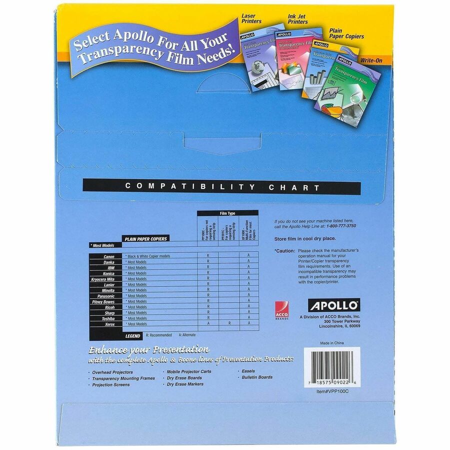 Apollo Plain Paper Copier Transparency Film - 8 1/2" x 11" - Black, White - 1 Box