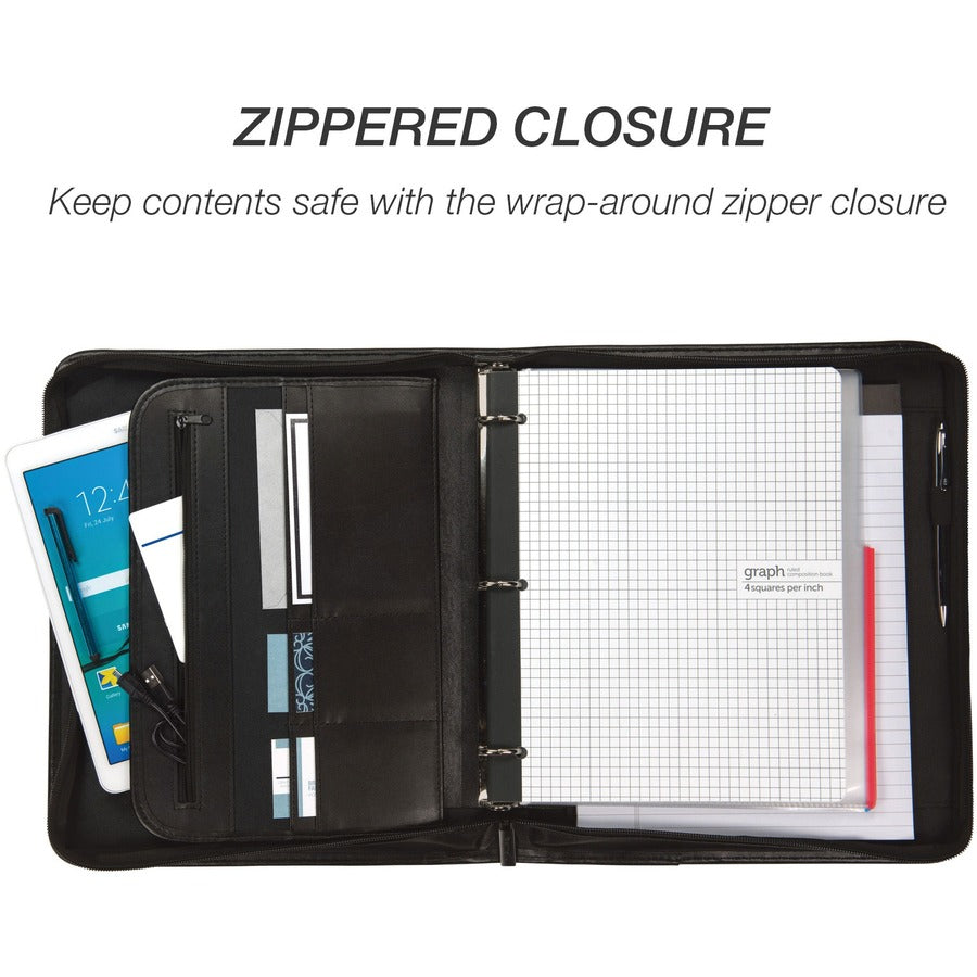 Samsill Letter Pad Folio - 8 1/2" x 11" - 3 Fastener - 1" for Folder - 2 Exterior, Internal Pocket - Vinyl, Metal - Blac