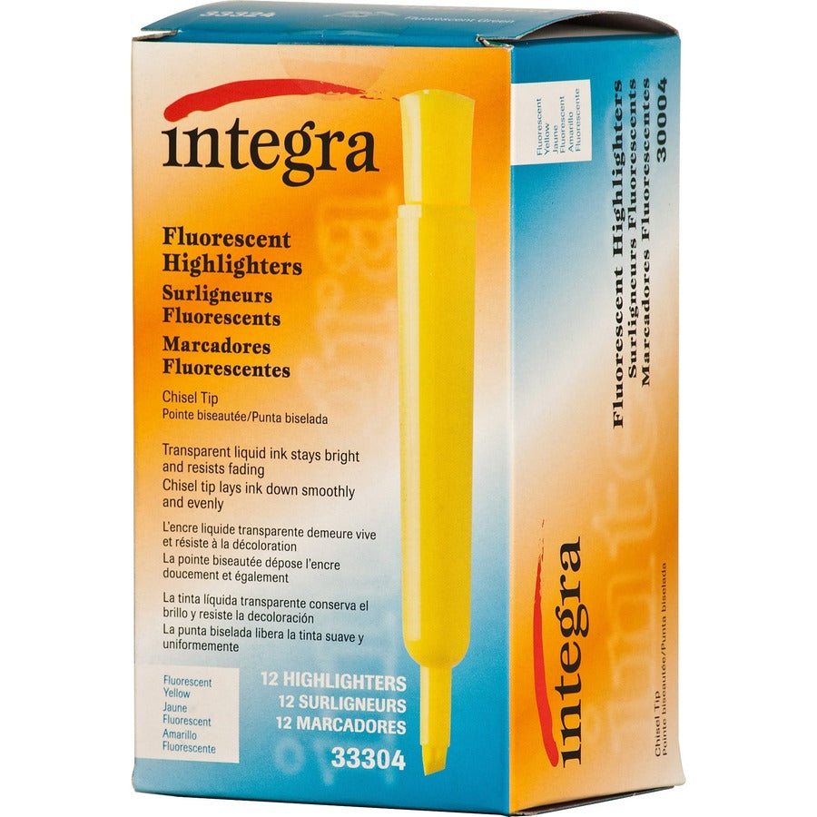 Integra Chisel Desk Liquid Highlighters - Yellow Ink - Water Based - Yellow Barrel - 12 / Dozen