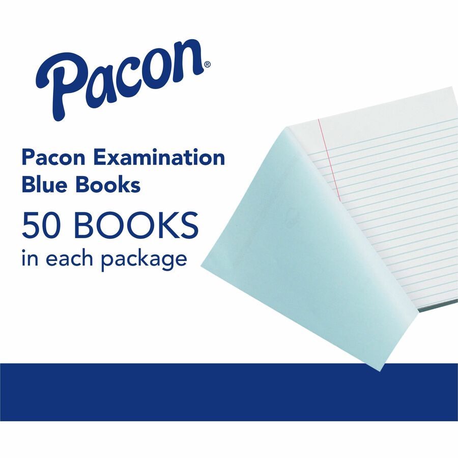 Pacon Blue Book Examination Book - 8 Sheets - 0.37" Ruled - Red Margin - 7" x 8 1/2" Sheet Size - White Paper - Blue Cov
