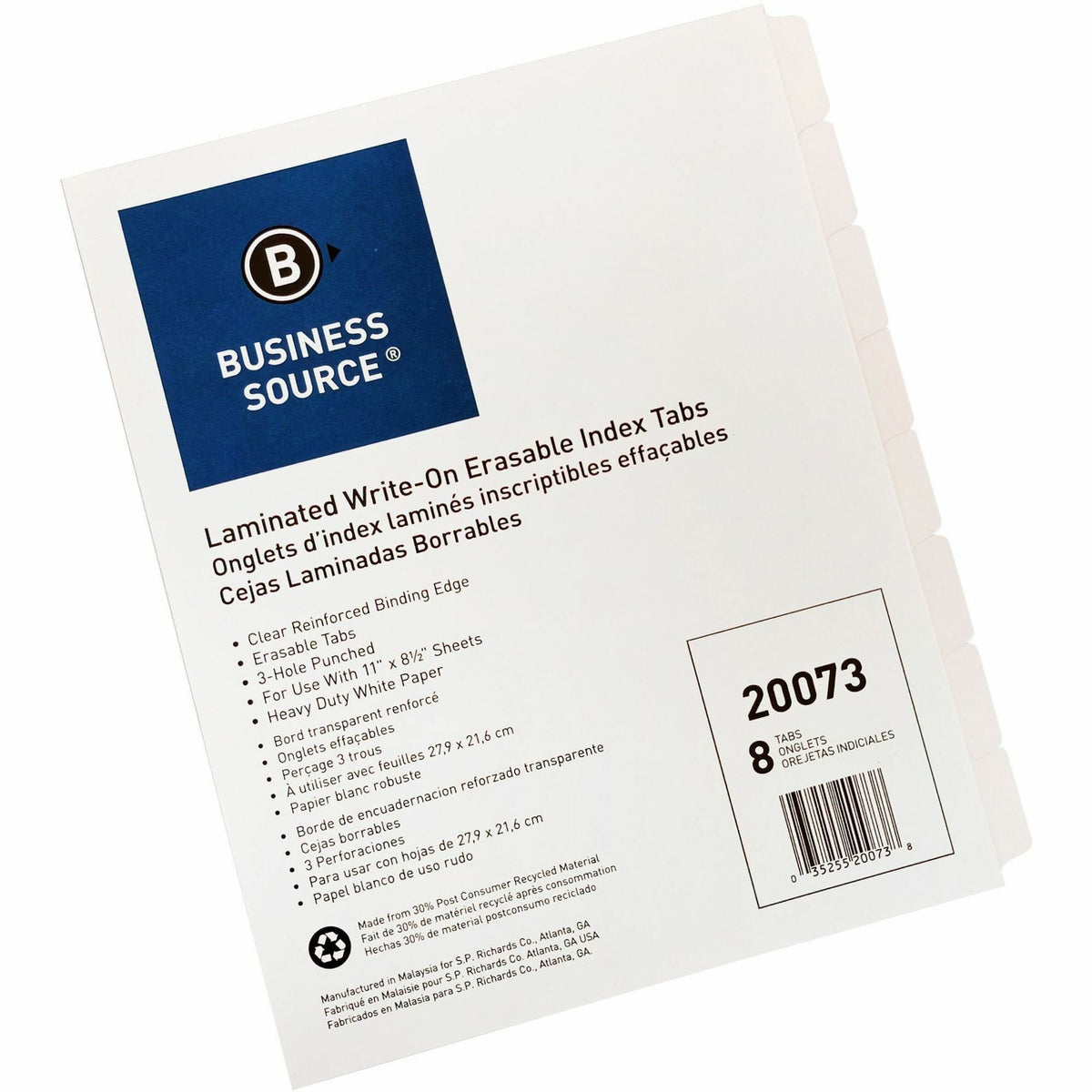 Business Source 3-Ring 8-Tab Indexes - 8 Write-on Tab(s) - 1.25" Tab Width - 8.5" Divider Width x 11" Divider Length - L