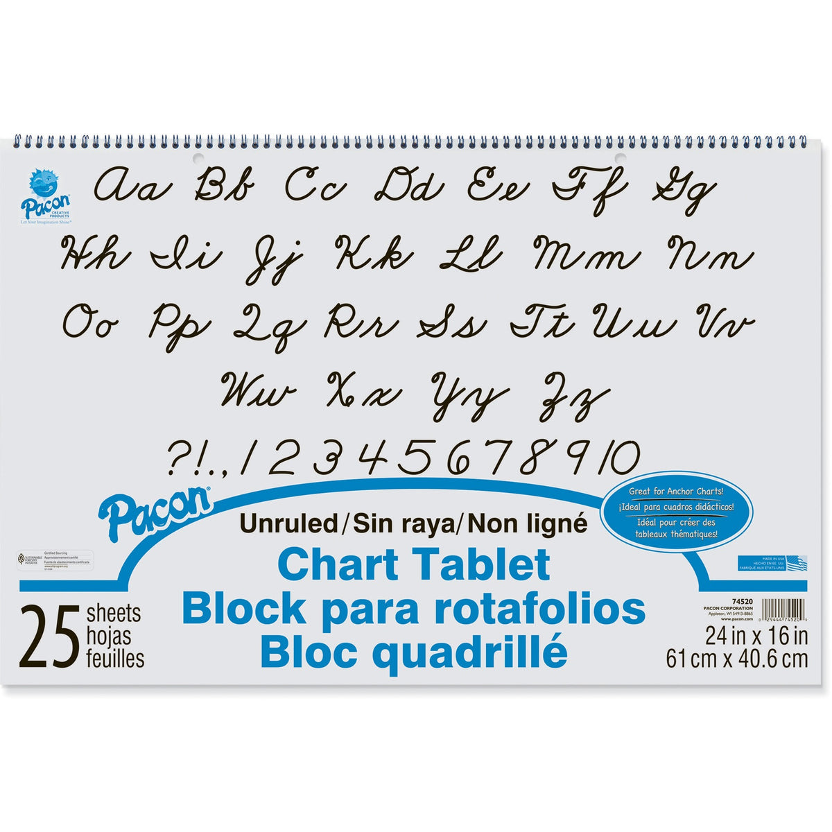 Pacon Unruled Chart Tablet - 25 Sheets - Plain - Spiral Bound - Unruled Front Ruling - 24" x 16" Sheet Size - White Pape