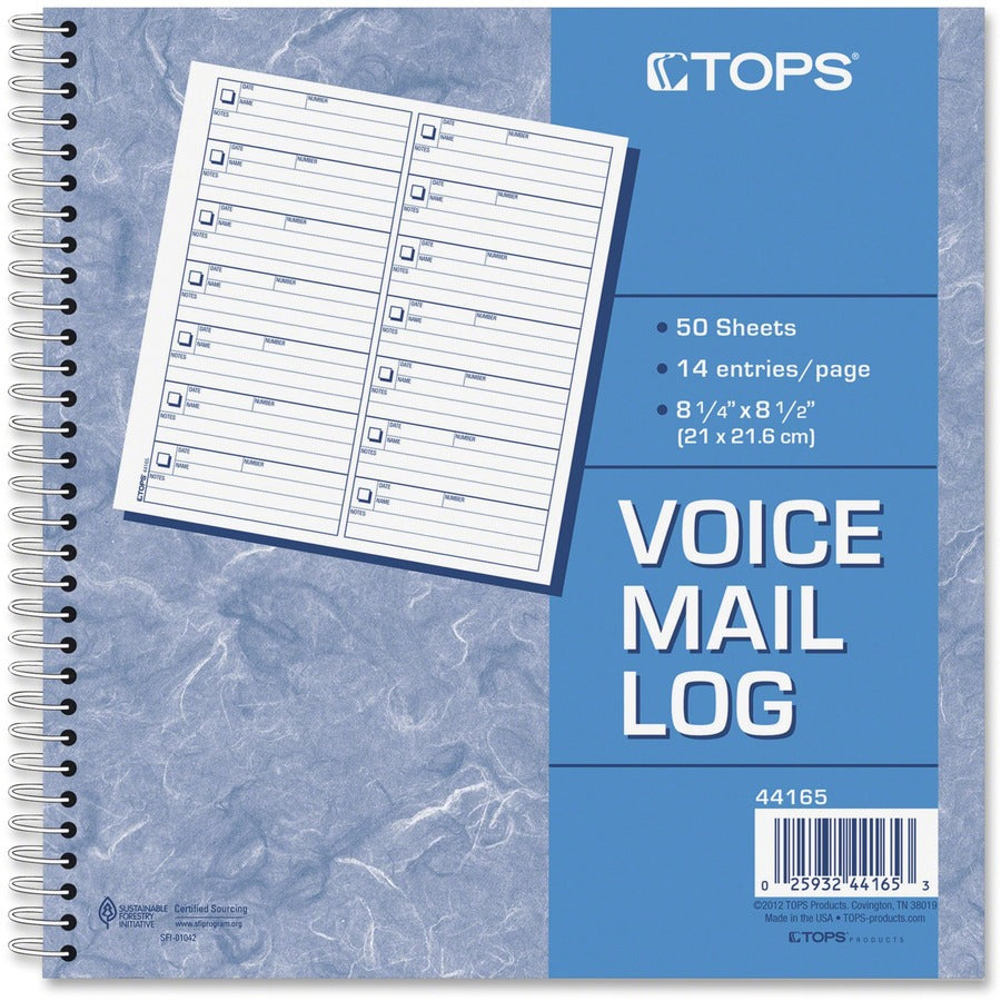 TOPS Voice Message Log Book - 50 Sheet(s) - 24 lb - Spiral Bound - 8.50" x 8.25" Sheet Size - White - Blue Print Color -