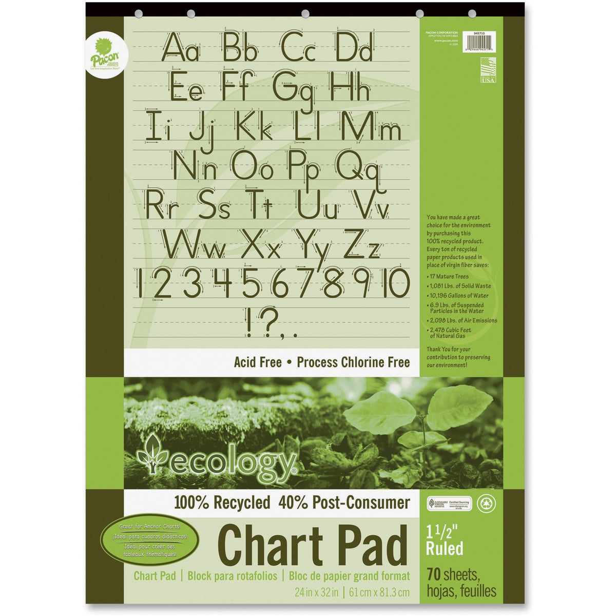 Decorol Recycled Chart Pad - 70 Sheets - Strip - Front Ruling Surface - Ruled Front Ruling - 1.50" Ruled - 24" x 32" She
