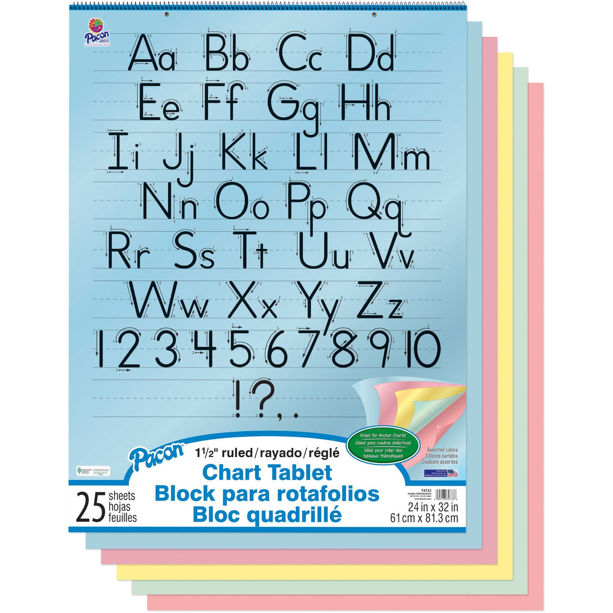 Pacon Colored Paper Chart Tablet - 25 Sheets - 1.50" Ruled - 24" x 32" Sheet Size - 24" Height x 32" Width - Assorted Pa