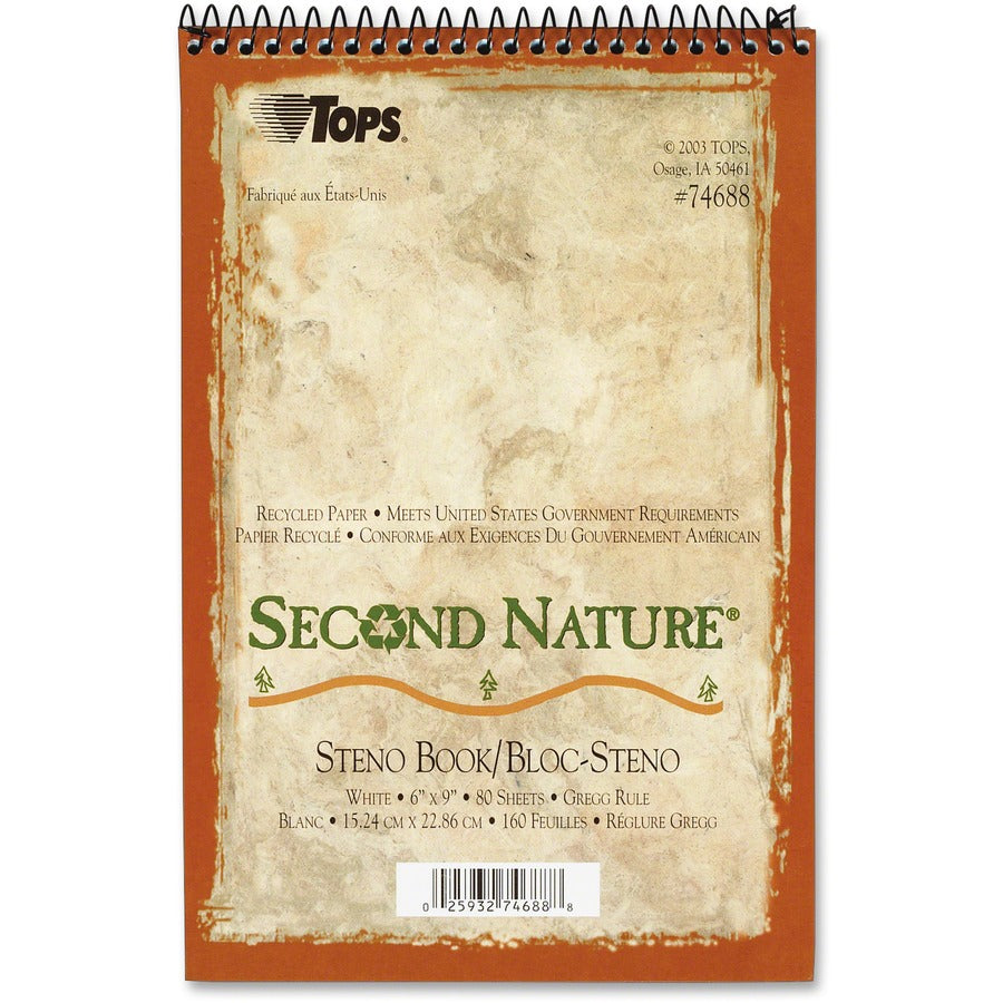 TOPS Second Nature Spiral Reporter/Steno Notebook - 80 Sheets - Wire Bound - 15 lb Basis Weight - 6" x 9" Sheet Size - 1