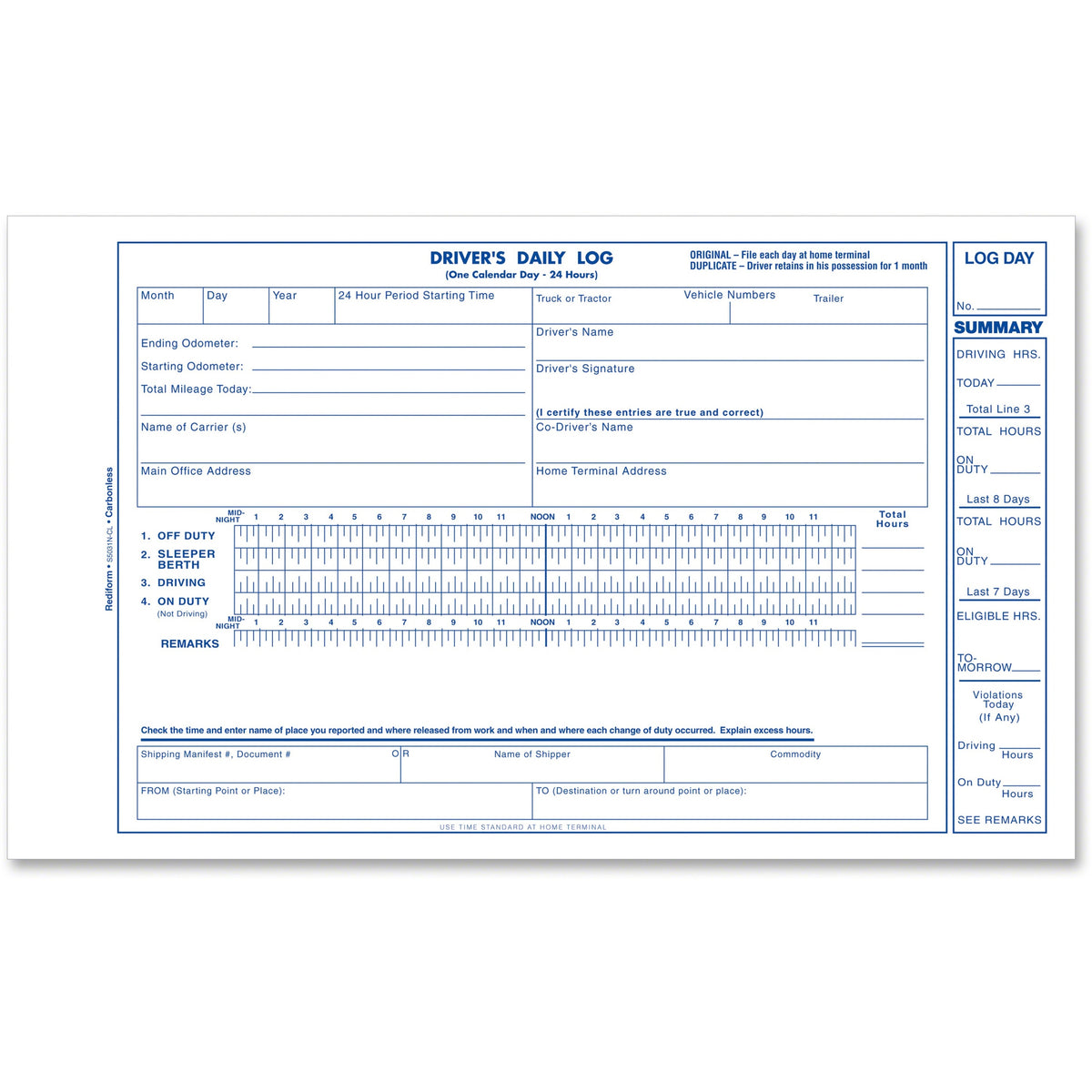 Rediform Carbonless 2-part Driver's Daily Log Book - 2 Part - Carbonless Copy - 5.37" x 8.75" Form Size - White - Black