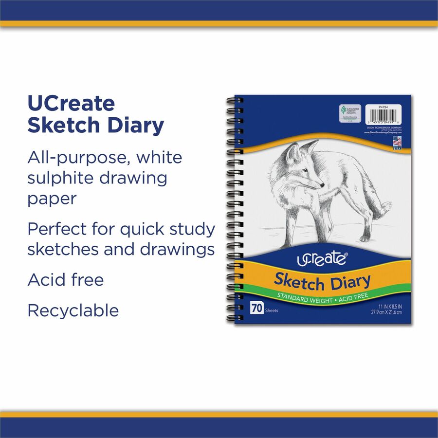 UCreate Art1st Sketch Diary - Letter - 70 Sheets - Plain - Spiral - Letter - 8 1/2" x 11" Sheet Size - White Paper - Aci