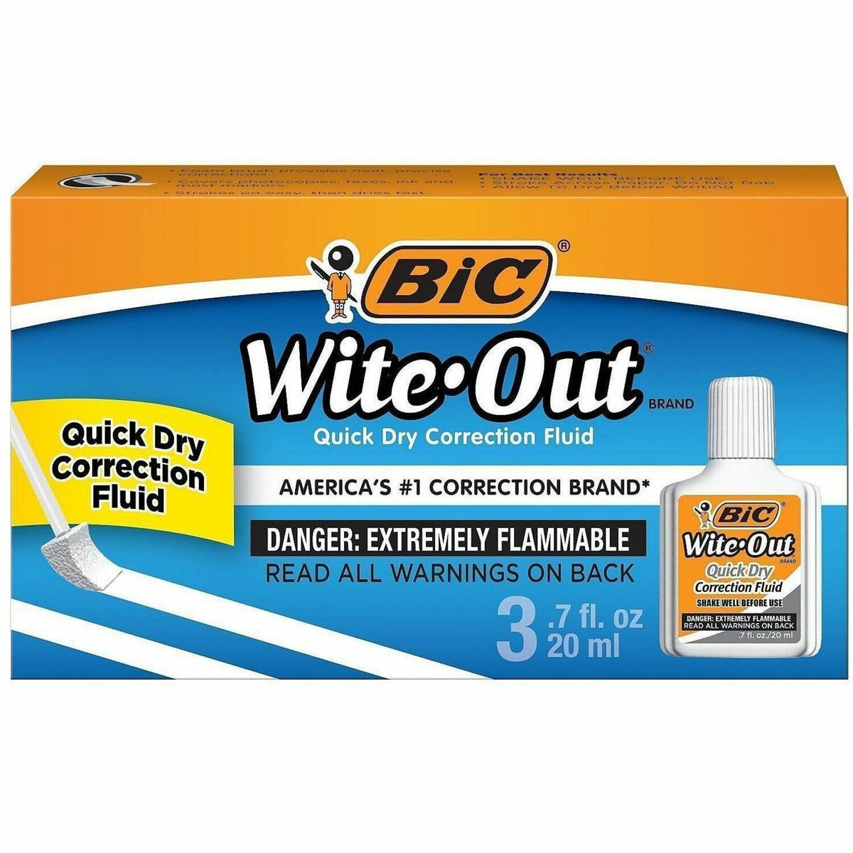BIC Wite-Out Quick Dry Correction Fluid - Foam Wedge Applicator - 20 mL - White - Quick Drying, Spill Resistant - 3 / Pa