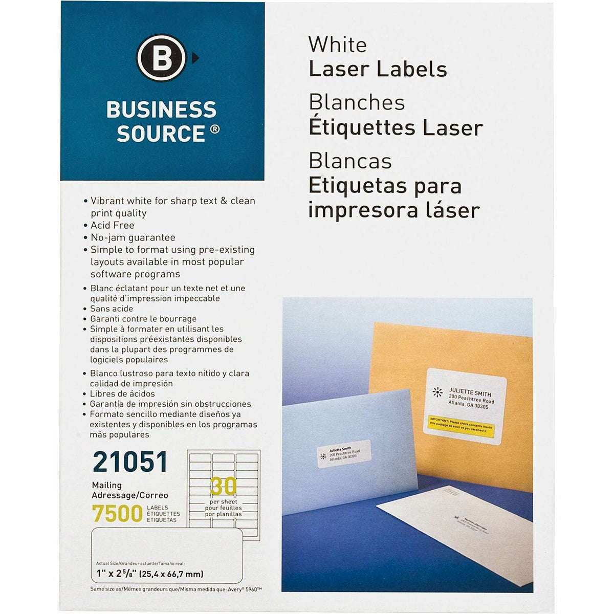 Business Source Bright White Premium-quality Address Labels - 1" Width x 2 5/8" Length - Permanent Adhesive - Rectangle