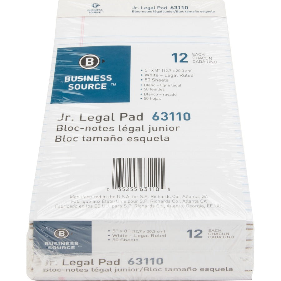 Business Source Writing Pads - 50 Sheets - 0.28" Ruled - 16 lb Basis Weight - Jr.Legal - 8" x 5" Sheet Size - White Pape