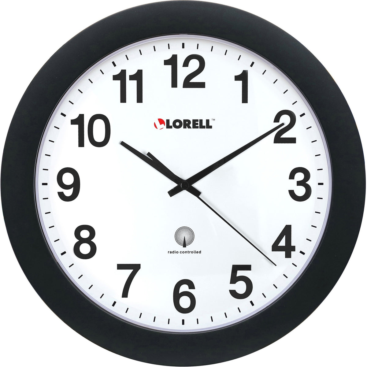 Lorell 12" Round Radio-Controlled Wall Clock - Analog - Quartz - White Main Dial - Black Case - Plastic - 1 Each