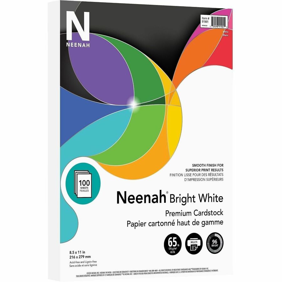 Neenah Bright White Cardstock - Letter - 8 1/2" x 11" - 65 lb Basis Weight - Smooth - Acid-free, Lignin-free - Bright Wh