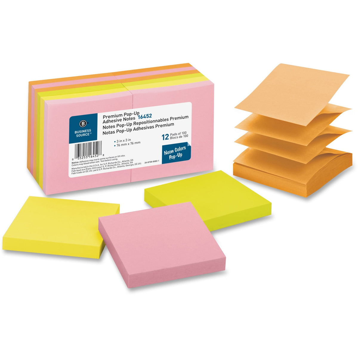 Business Source Reposition Pop-up Adhesive Notes - 3" Flag/Note Width x 3" Flag/Note Length - Square - Assorted Neon - 1