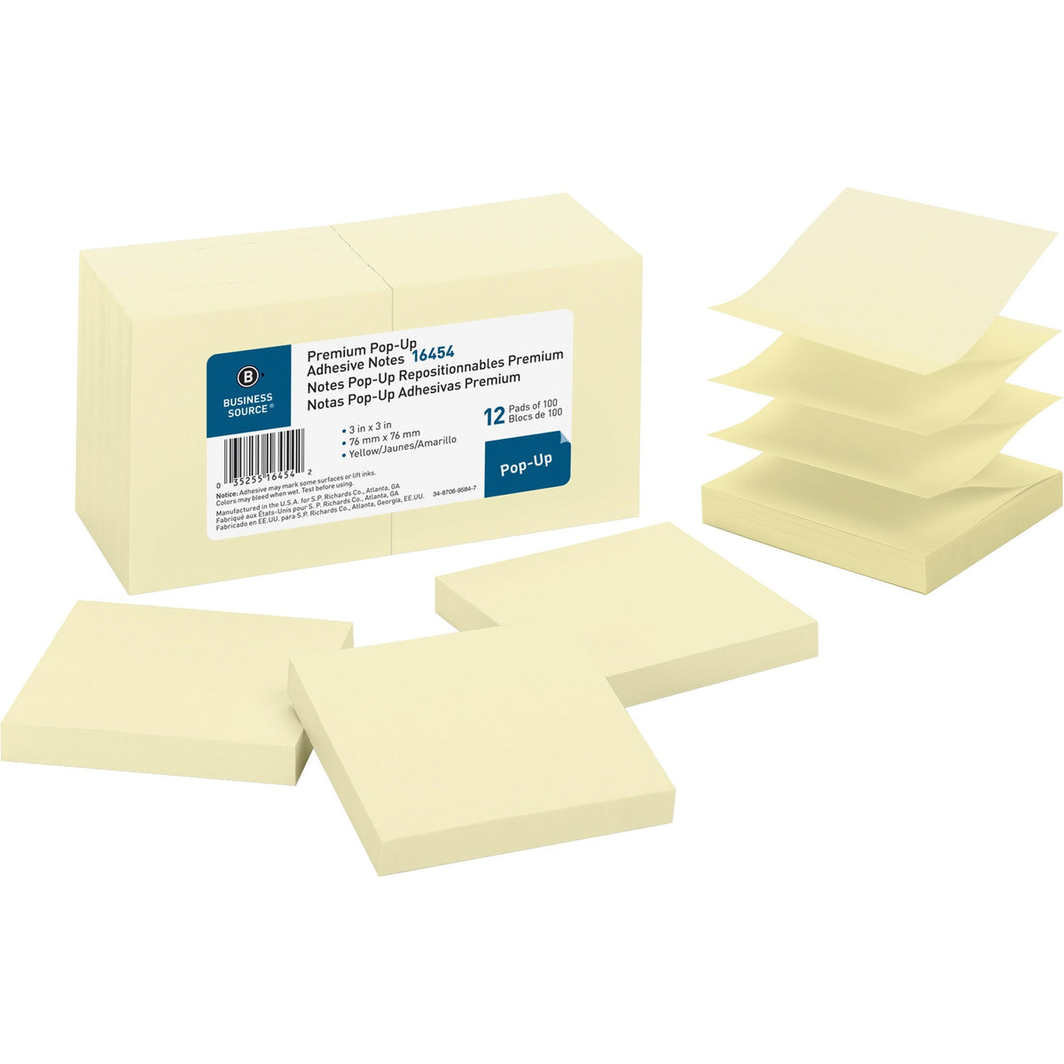 Business Source Reposition Pop-up Adhesive Notes - 3" Flag/Note Width x 3" Flag/Note Length - Square - Yellow - 12 / Pac