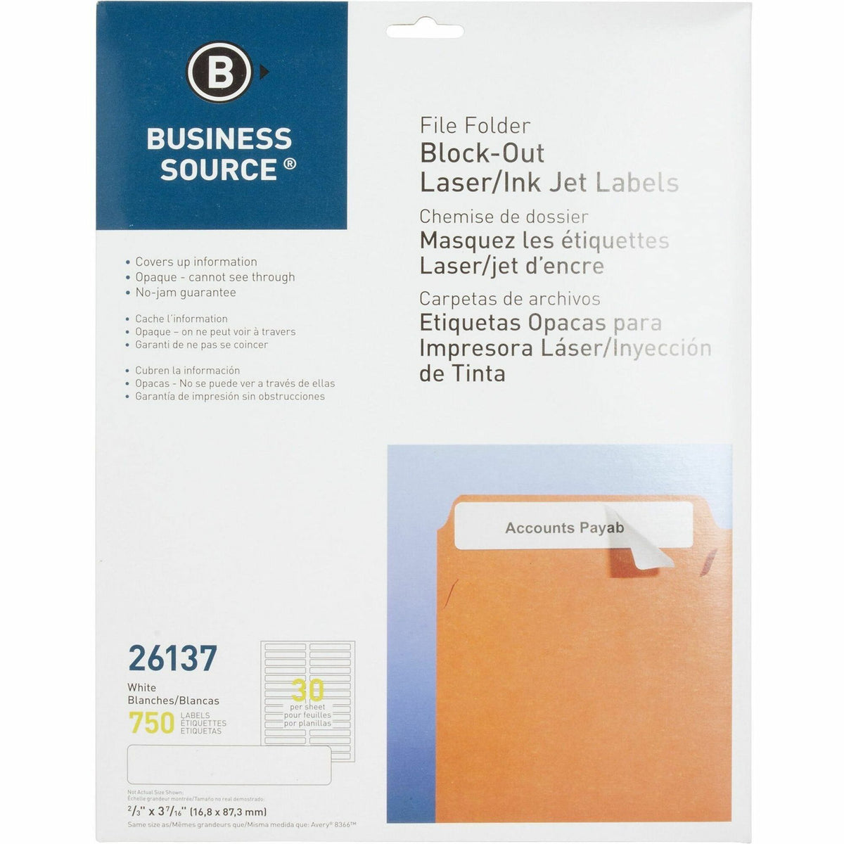 Business Source Block-out File Folder Labels - 3 7/16" Length - Permanent Adhesive - Laser, Inkjet - White - 30 / Sheet