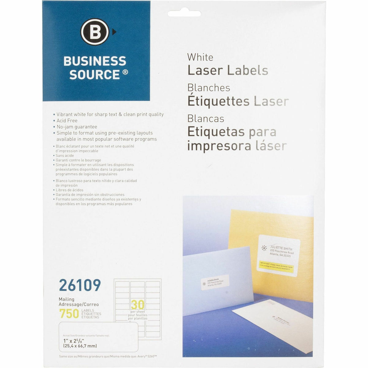 Business Source Bright White Premium-quality Address Labels - 1" Width x 2 5/8" Length - Permanent Adhesive - Rectangle