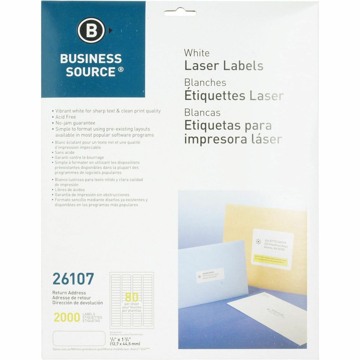 Business Source Address Laser Labels - 1/2" Width x 1 3/4" Length - Permanent Adhesive - Rectangle - Laser - White - 80
