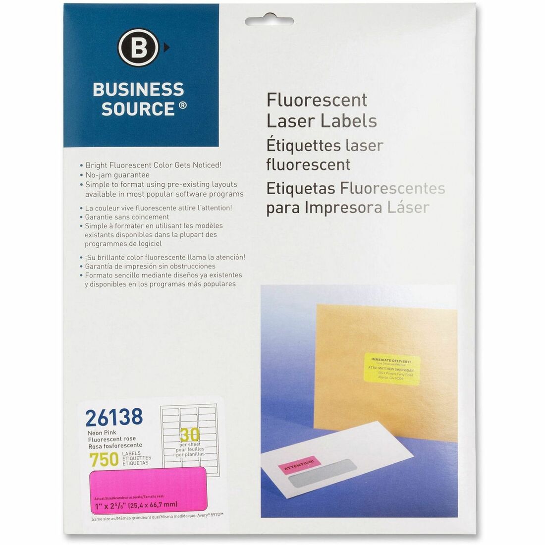 Business Source Neon Labels - 1" Width x 2 5/8" Length - Permanent Adhesive - Rectangle - Laser - Neon Pink - 30 / Sheet