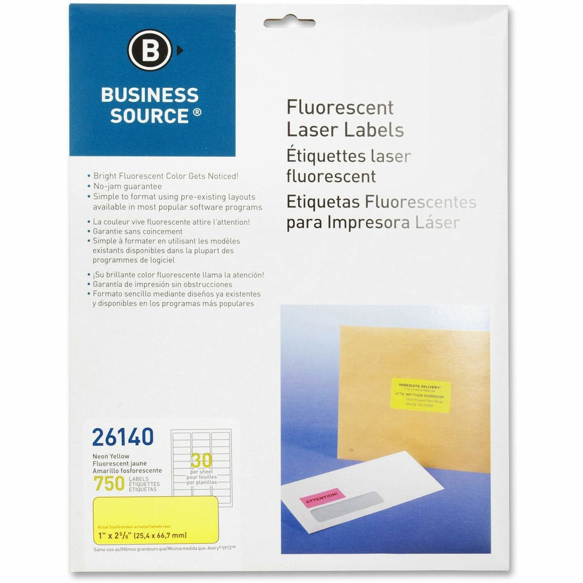 Business Source Neon Labels - 1" Width x 2 5/8" Length - Permanent Adhesive - Rectangle - Laser - Neon Yellow - 30 / She