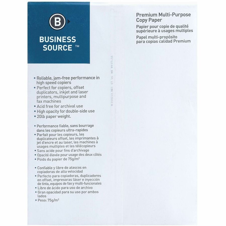 Business Source Premium Multipurpose Copy Paper - White - 92 Brightness - Letter - 8 1/2" x 11" - 20 lb Basis Weight - A