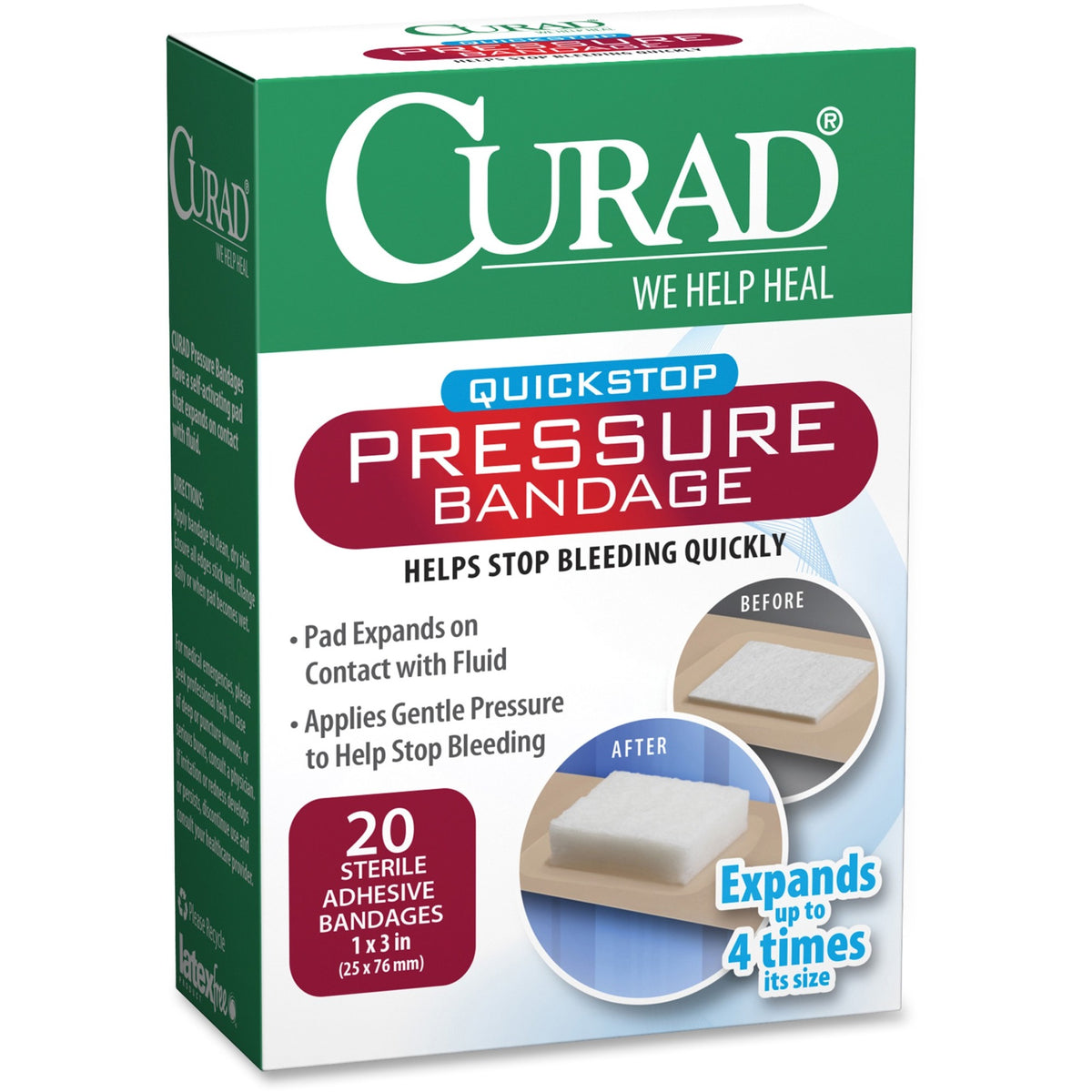 Curad Pressure Adhesive Bandage - 100 - 1" Width x 2.75" Length - Green - 100 / Box