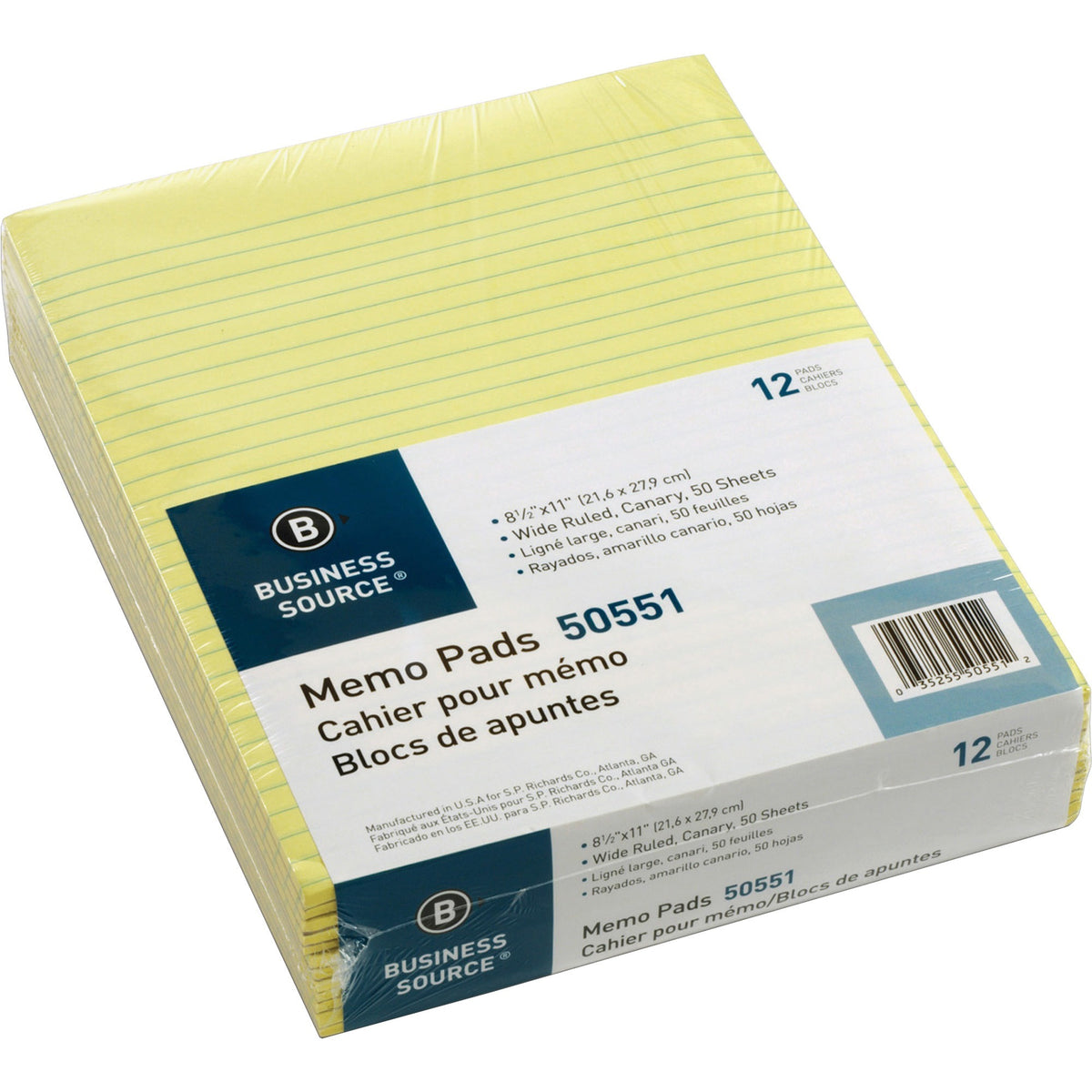 Business Source Glued Top Ruled Memo Pads - Letter - 50 Sheets - Glue - 16 lb Basis Weight - Letter - 8 1/2" x 11" Sheet