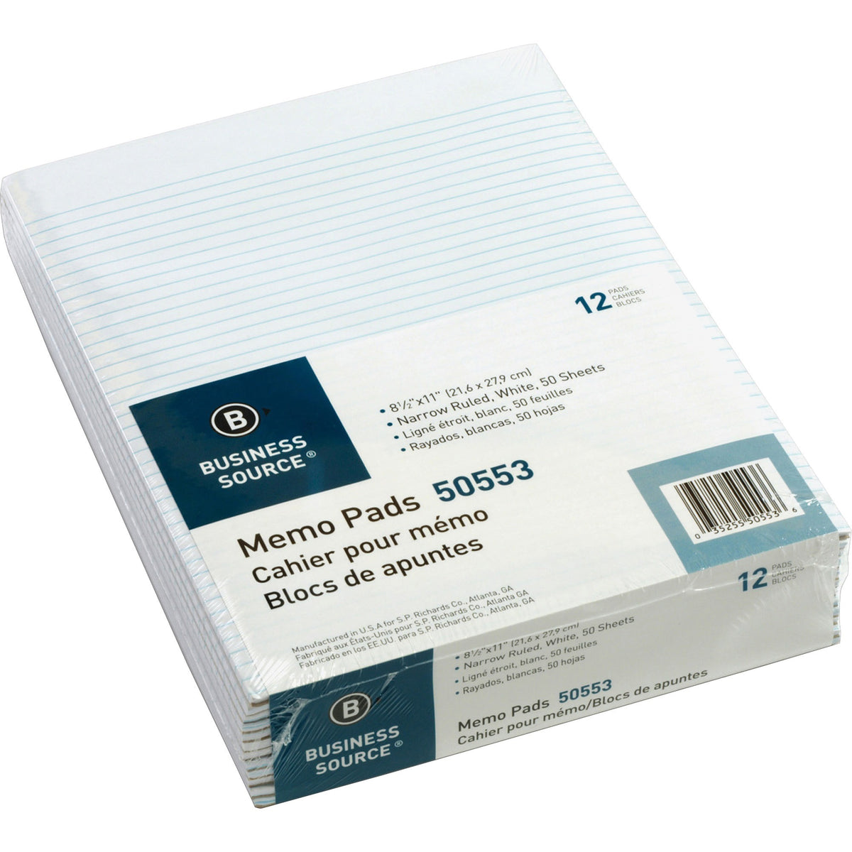 Business Source Glued Top Ruled Memo Pads - Letter - 50 Sheets - Glue - Narrow Ruled Front Ruling - 16 lb Basis Weight -