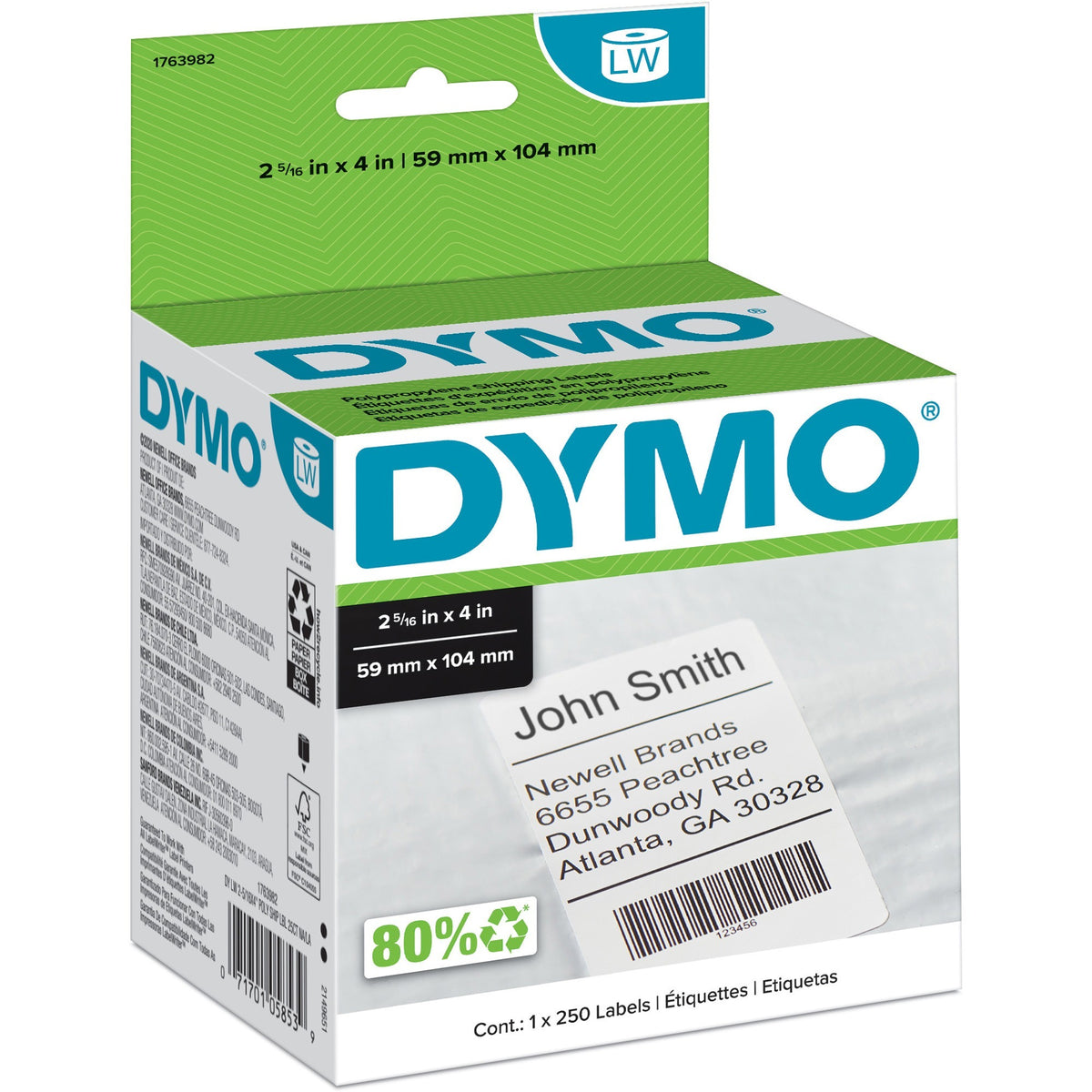Dymo Permanent Poly Shipping Labels - 2 5/16" Width x 4" Length - Rectangle - White - Polypropylene - 250 / Roll - 1 Rol