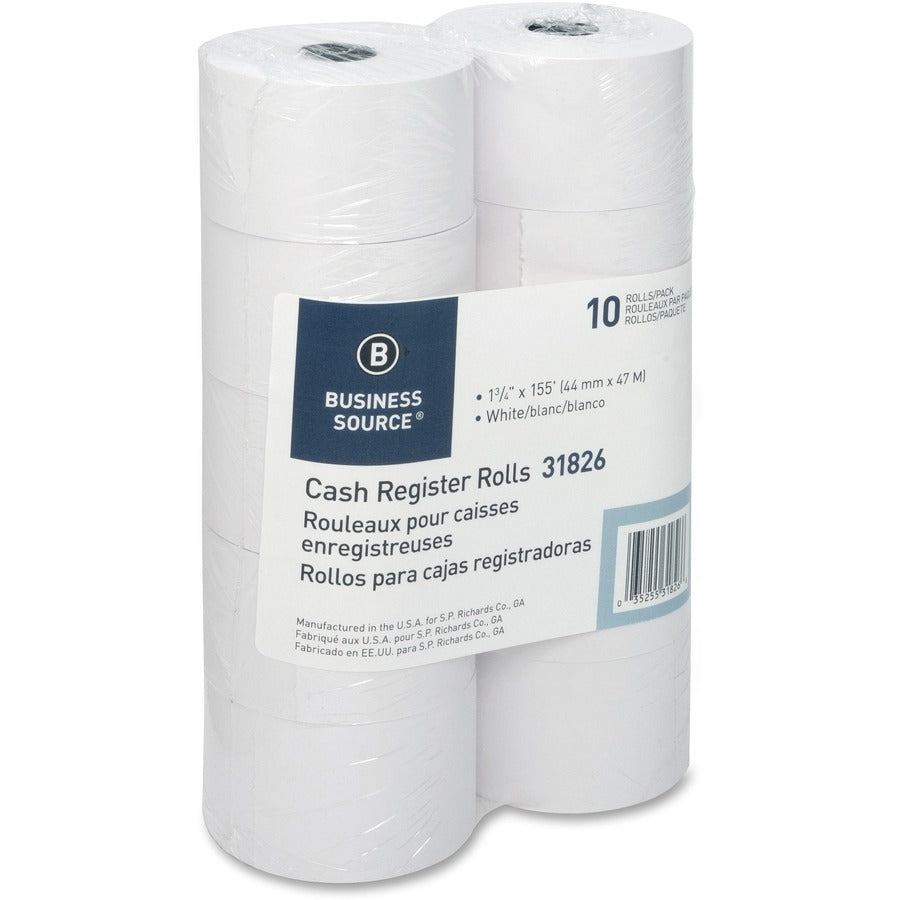 Business Source 1-Ply 155' Adding Machine Paper Rolls - 1 3/4" x 155 ft - 13.80 lb Basis Weight - Sustainable Forestry I