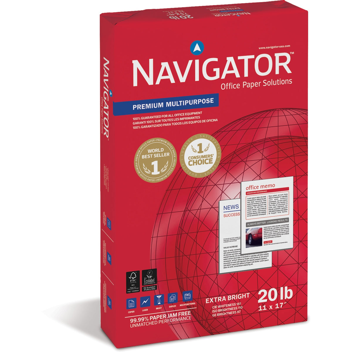 Navigator Premium Multipurpose Trusted Performance Paper - Extra Opacity - White - 97 Brightness - 11" x 17" - 20 lb Bas
