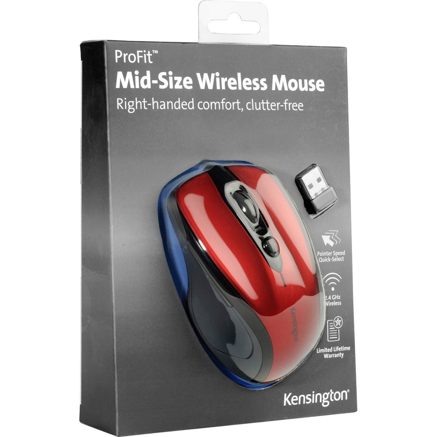 Kensington Pro Fit Mid-Size Wireless Mouse - Optical - Wireless - Radio Frequency - 2.40 GHz - Ruby Red - USB - 1750 dpi