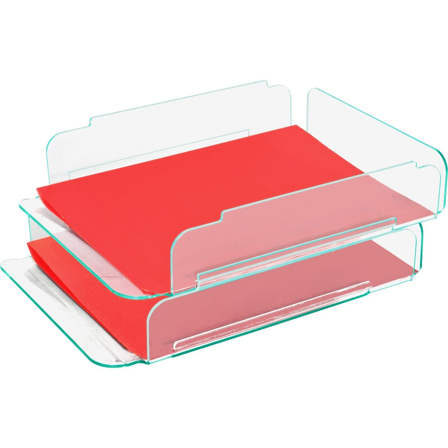 Lorell Stacking Document Trays - Desktop - Durable, Lightweight, Non-skid, Stackable - Clear, Green - Acrylic - 2 / Set