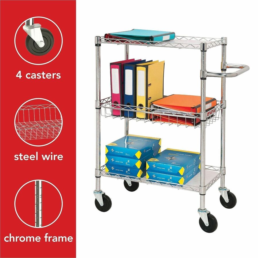 Lorell 3-Tier Rolling Cart - 99 lb Load Capacity - 4 Casters - Steel - 16" Width x 26" Depth x 40" Height - Chrome - 1 E