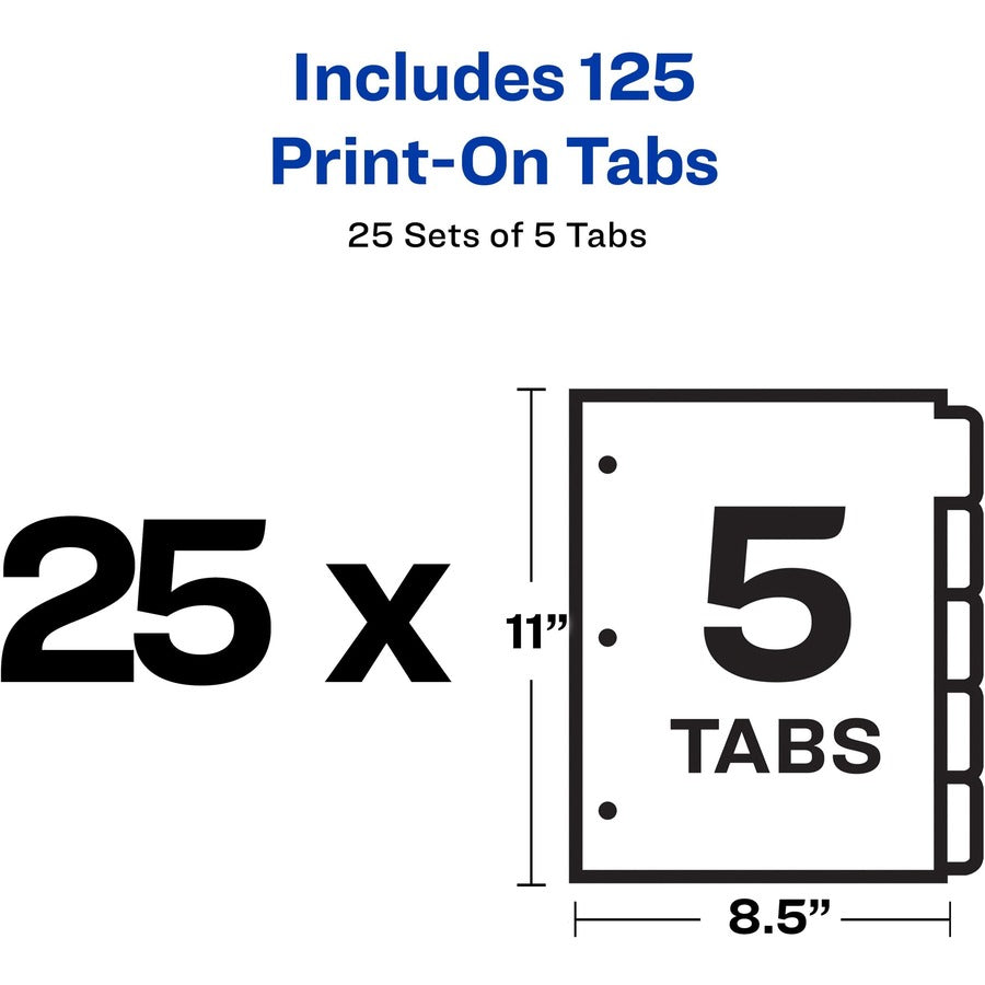 Avery® Customizable Print-On Dividers - 125 x Divider(s) - Print-on Tab(s) - 5 - 5 Tab(s)/Set - 8.5" Divider Width x 11"