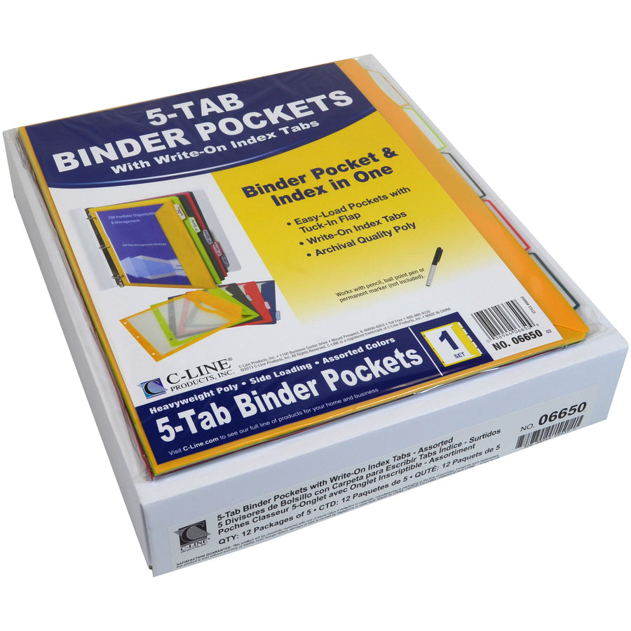 C-Line Write-on Tab Poly Binder Pockets - For Letter 8 1/2" x 11" Sheet - 3 x Holes - Ring Binder - Rectangular - 5 / Se
