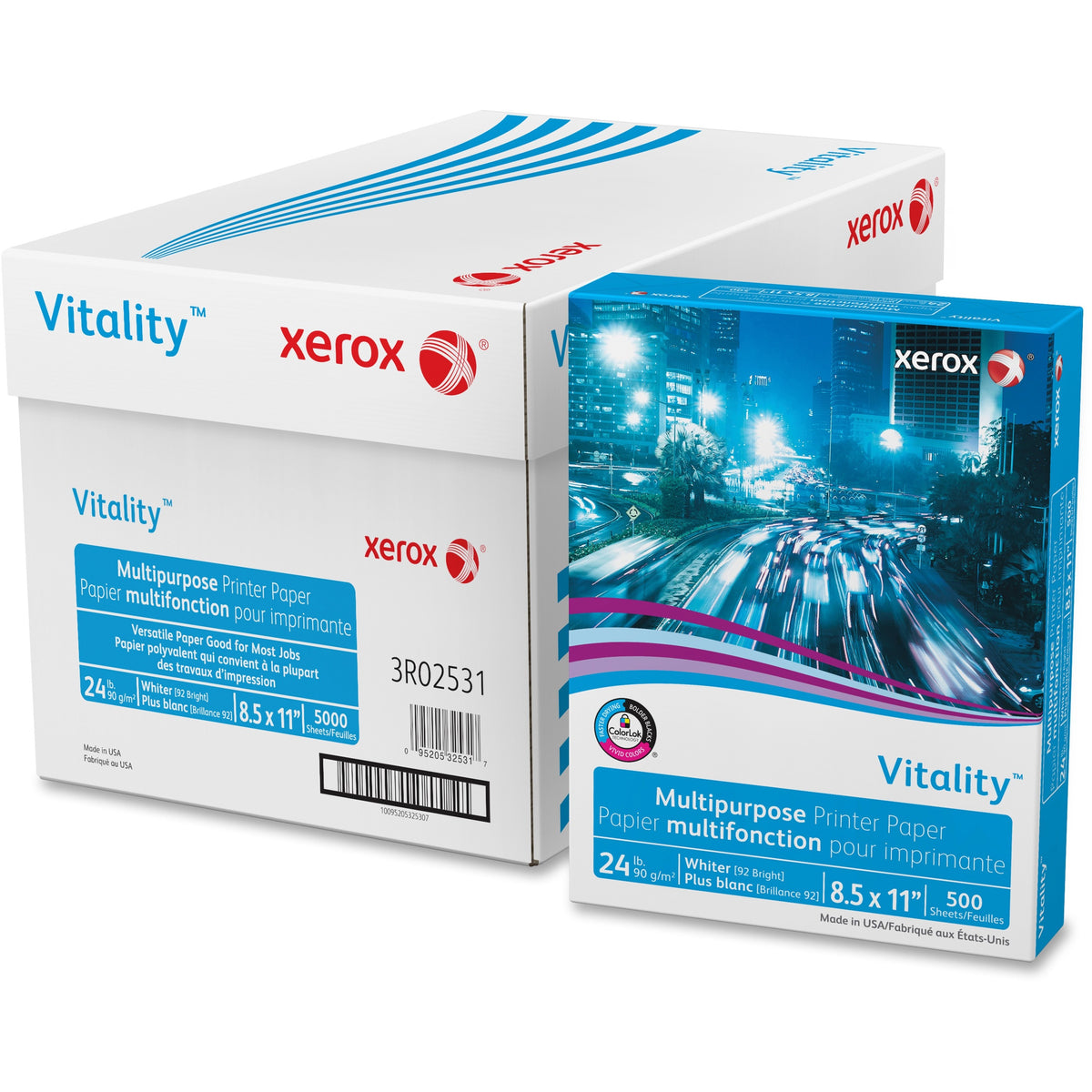 Xerox Vitality Multipurpose Printer Paper - White - 92 Brightness - Letter - 8 1/2" x 11" - 24 lb Basis Weight - 5000 /