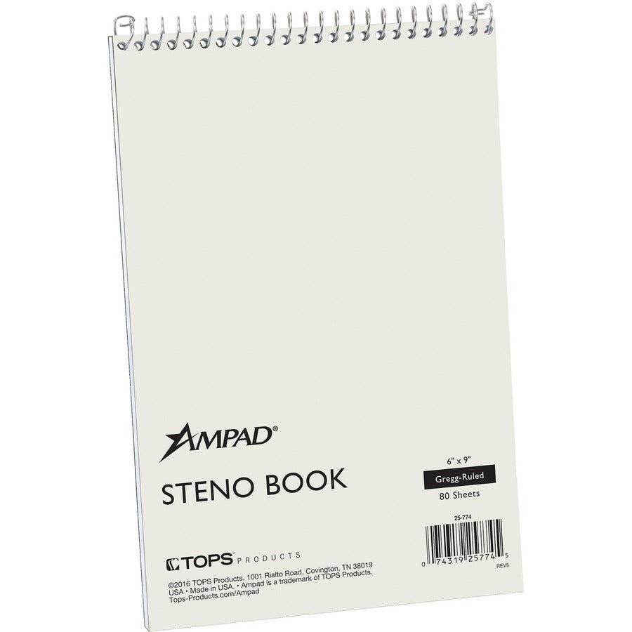 Ampad Gregg-ruled White Steno Book - 80 Sheets - Wire Bound - Ruled Margin - 15 lb Basis Weight - 6" x 9" Sheet Size - W