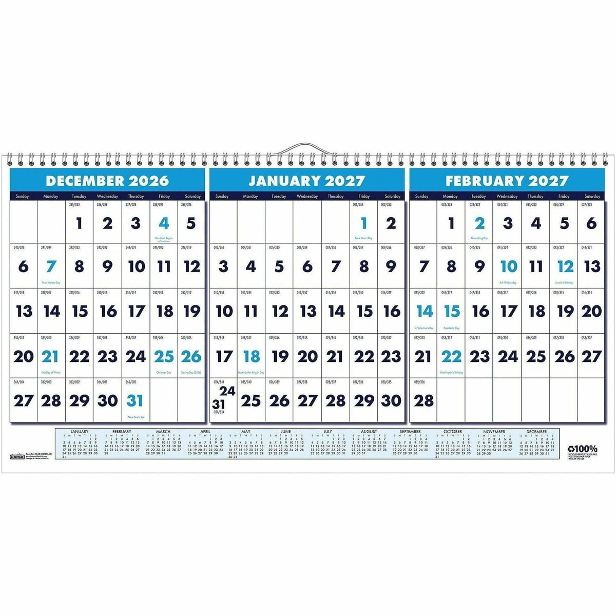 House of Doolittle 3-month Horizontal Wall Calendar - Julian Dates - Monthly - 14 Month - December 2026 to January 2028