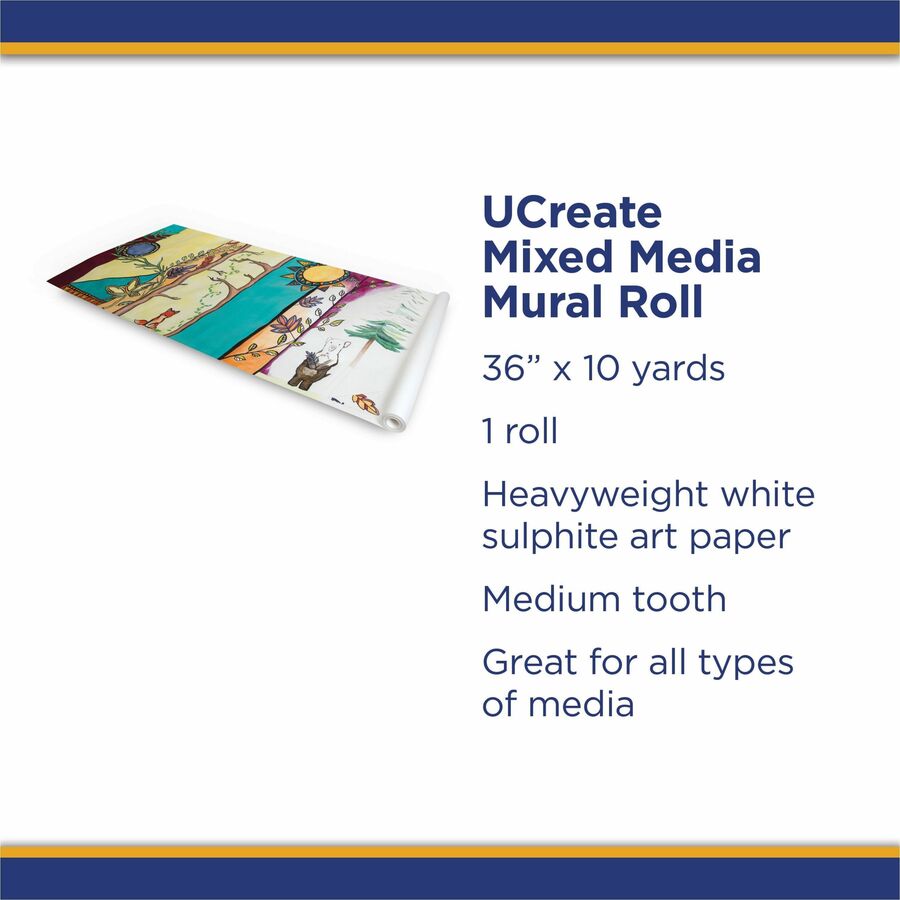 UCreate Mixed Media Paper Roll - Art Project, Drawing, Banner, Mural - 1" Height x 36" Width x 30 ft Length - White - 1