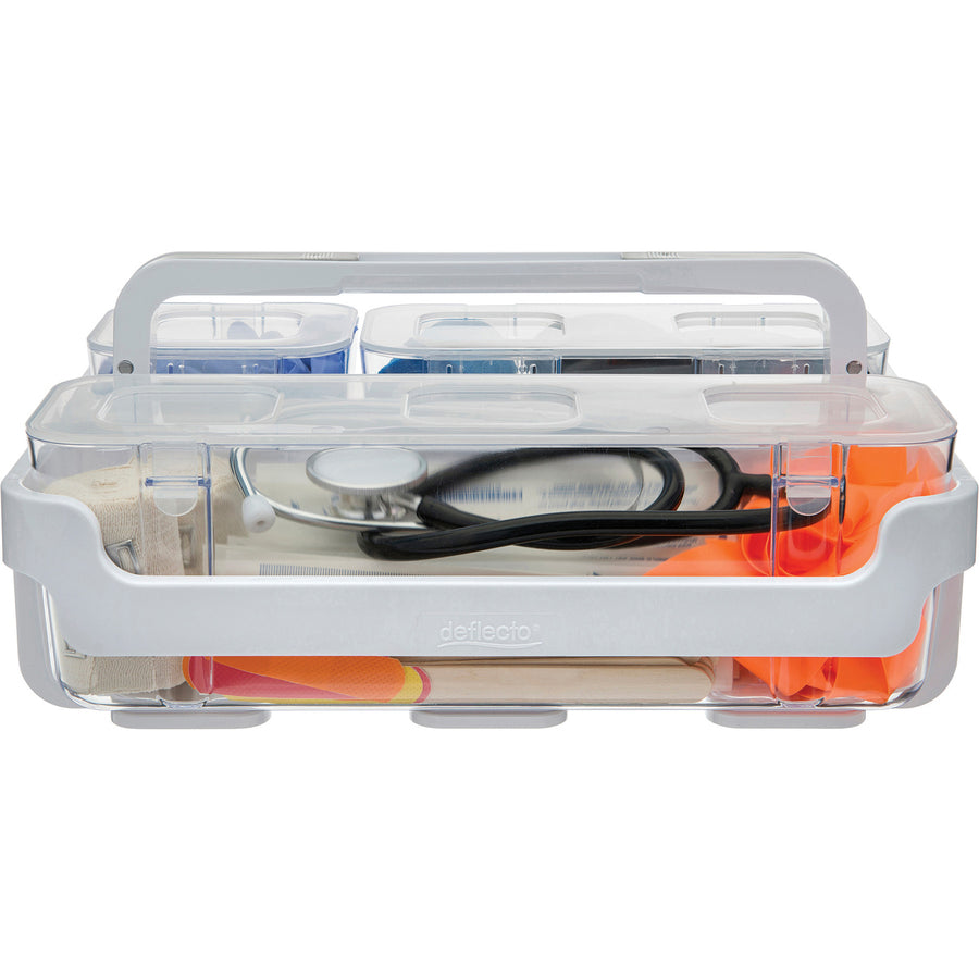 Deflecto Stackable Caddy Organizer - 6.50" Height x 14" Width x 10.50" Depth - Handle, Lid, Locking System - White - Pla