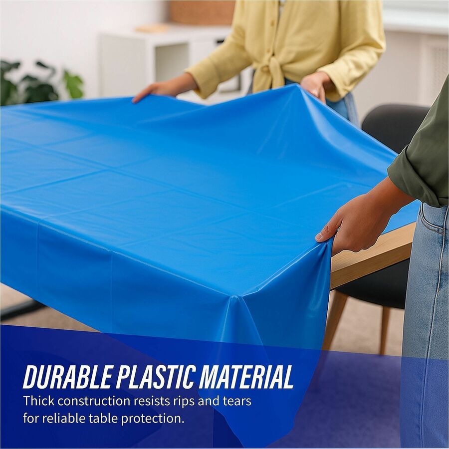 Genuine Joe Plastic Rectangular Table Covers - 108" Length x 54" Width - Plastic - Blue - 6/Pack - 4 / Carton