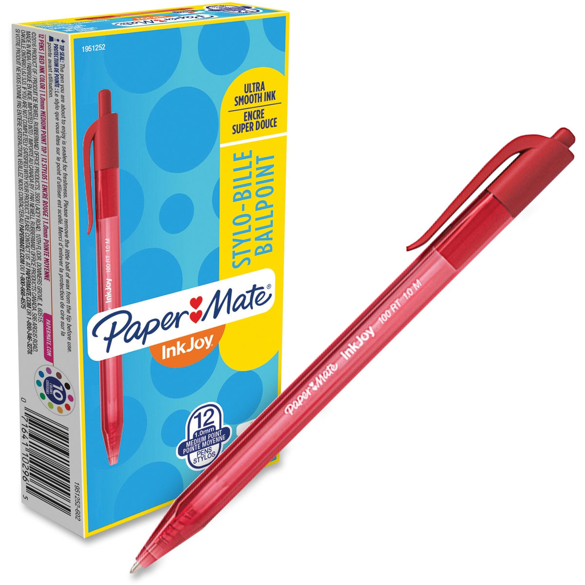 Paper Mate InkJoy 100 RT Pens - 1 mm Medium Pen Point - Retractable - Red Ink - Translucent Barrel - 12 / Dozen