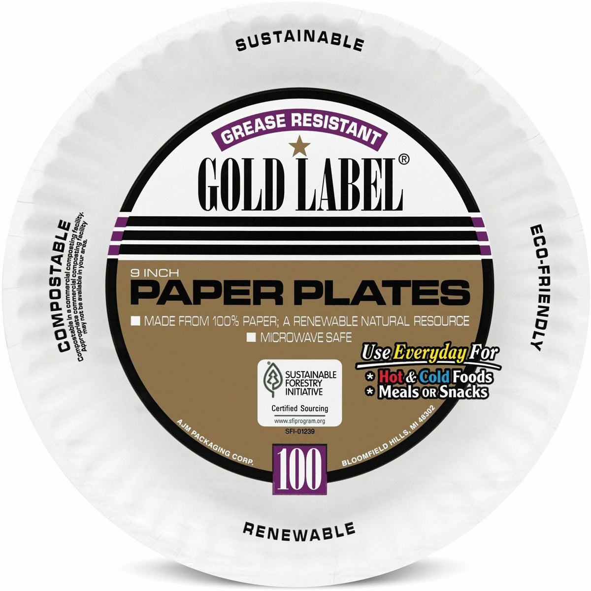 Gold Label 9" Dinnerware Paper Plates - Serving - Disposable - Microwave Safe - 9" Diameter - White - Paper Body - 100 /