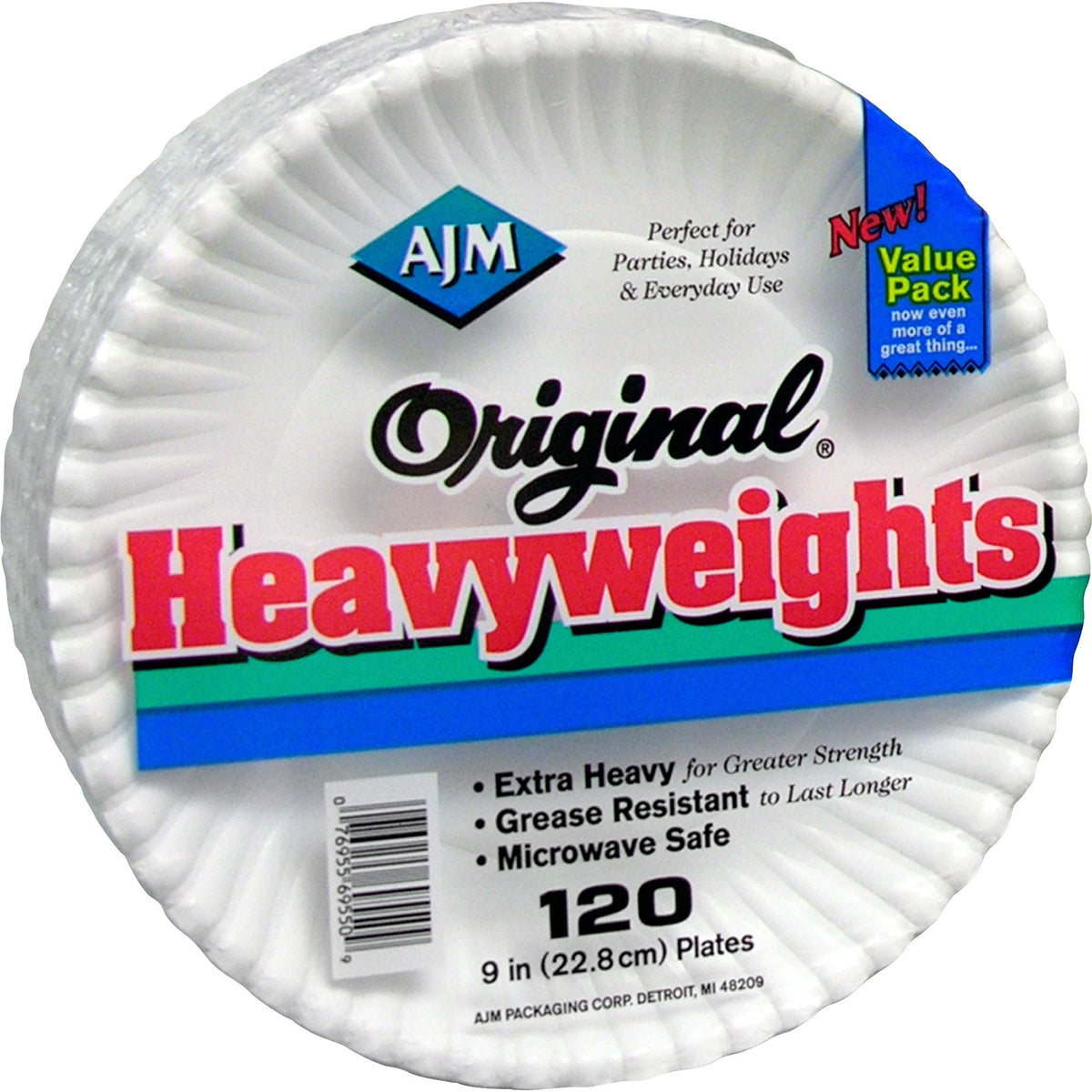 AJM 9" Original Heavyweight Plates - Serving, Reheating - Disposable - Microwave Safe - 9" Diameter - White - Paper Body